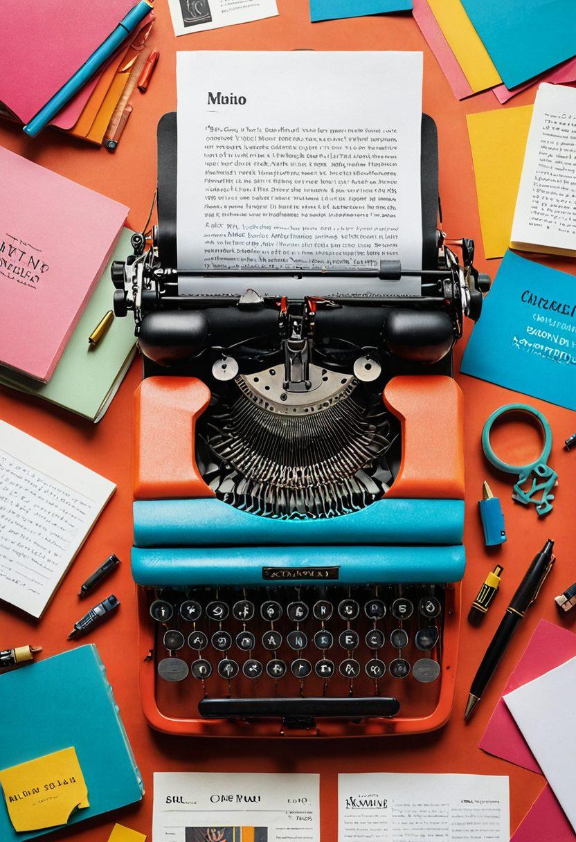 A vibrant digital diary bursting with colorful pages, each showcasing various creative writing prompts and strategies. In the background, a thriving online magazine layout with articles, images, and engaging headlines. Surrounding the diary are tools of writing like a quill, typewriter, and laptop, symbolizing the transformation process. The scene is infused with a whimsical, artistic flair to inspire creativity. super-realistic. vibrant colors. white background.