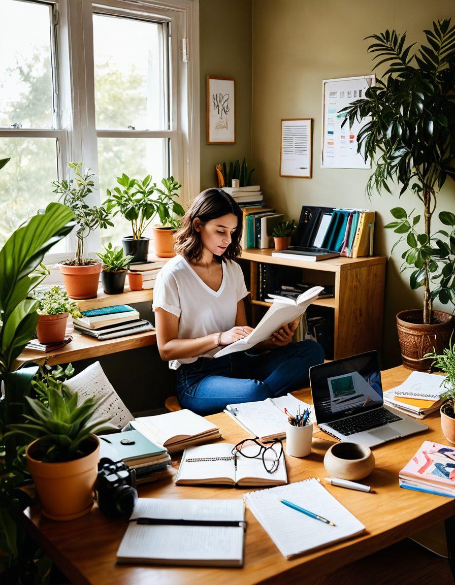 A person sitting at a cozy desk, surrounded by colorful notebooks and a laptop, passionately writing in a vibrant, sunlit room filled with plants and artistic decor. Various creative tools like paintbrushes, a camera, and storyboards are scattered nearby, symbolizing the fusion of voices and ideas. The atmosphere exudes inspiration and creativity, inviting readers to explore blogging and content development. soft focus, bright colors, warm lighting.